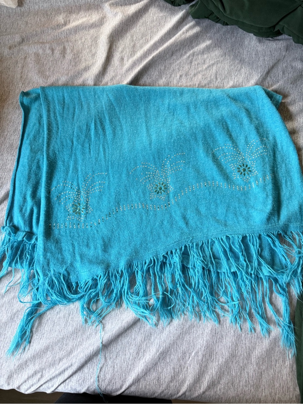 Turquoise Fringe Shawl with Cutout Floral Detail